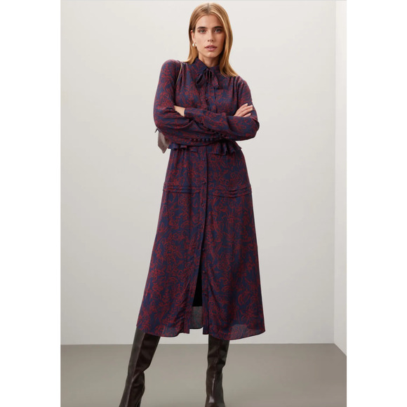 Jason Wu Dress Womens 2 Blue Red Floral Chiffon Shirt Collared Midi Tie Neck - Picture 1 of 11